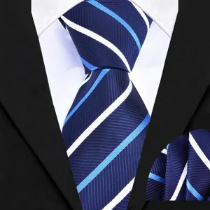 Detailed view of the classic blue diagonal striped men's tie and pocket square accessory.