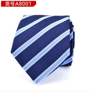 Classic men's navy blue necktie featuring elegant light blue diagonal stripes for formal wear.