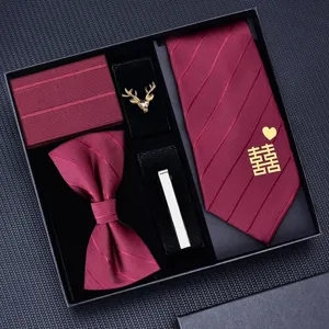 Men burgundy tie set wedding gift box 8cm necktie bow tie pocket square brooch tie clip