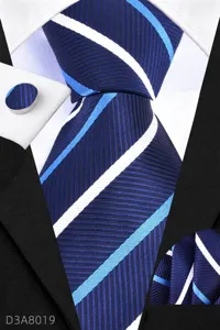 Men's business tie set detail showcasing the 8cm stripe tie, pocket square, and matching cufflinks.