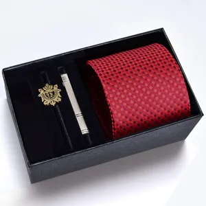 Burgundy red pattern tie set with metal clip and brooch in gift box for formal business wear