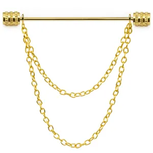 Gold tone mens shirt collar pin with double chain fringe detail close up view accessory