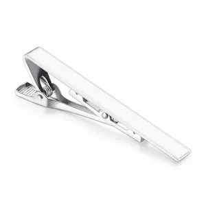 Detailed view of the elegant matte pearl white tie clip, showcasing smooth metallic finish.