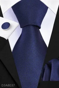 Men navy blue textured tie set close up, 8cm manual tie pocket square cufflinks detail