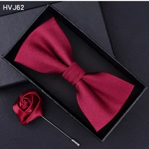 Burgundy bow tie and rose lapel pin gift set for men wedding formal suit accessories.