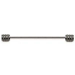 Detailed view of metal collar bar for men, gunmetal finish with ridged ends, stylish suit accessory.