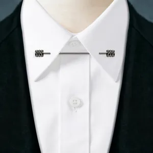 Detail view of a men's metal collar pin bar, classic dress shirt collar clip accessory.