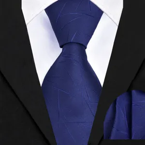 Detail view of navy blue men's business necktie and matching pocket square with geometric pattern.
