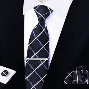Men's business formal zipper tie set with matching pocket square, tie clip and cufflinks detail view.
