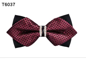 Men's red and black plaid bow tie with rhinestone crystal buckle for formal wedding and suits.