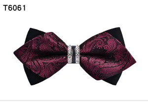 Men's pointed bow tie with crystal rhinestone buckle and elegant paisley pattern for formal events.