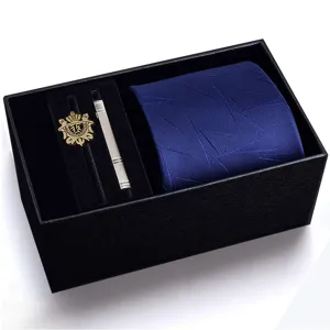 Men blue tie gift box set with tie clip and lapel pin, perfect for business formal wear.