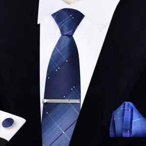 Men business zipper necktie set with pocket square cufflinks tie clip blue plaid design