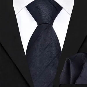 Classic navy blue tie and pocket square set, elegant silk-like twill fabric for formal business.