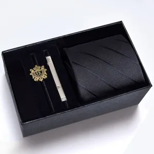 Men formal business tie gift set with striped necktie tie clip and brooch pin elegant box.