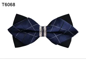 Men sharp bow tie crystal rhinestone double layer blue plaid suit for formal wedding