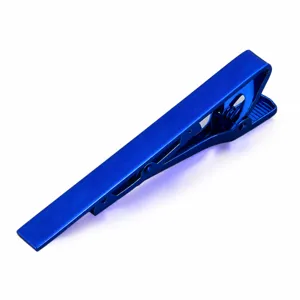 Blue metal tie clip for men, classic slim bar design, polished electrophoretic finish.