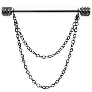 Close-up detail of the metallic black shirt collar bar with double hanging chain accessory.
