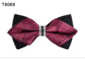 Men sharp corner bow tie crystal rhinestone black burgundy plaid formal wedding bowtie
