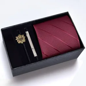 Men Business Striped Tie Gift Box Set Formal Wedding Suit Necktie With Metal Tie Clip And Brooch Pin