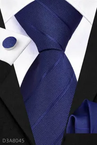 Dark blue striped tie set detail, business suit matching necktie pocket square cufflinks.