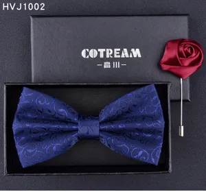 Mens blue patterned bow tie and red rose brooch set in black gift box for formal events