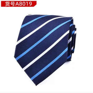 Detailed view of men's business blue striped necktie, classic diagonal stripe design.