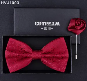 Men wine red patterned bow tie and matching rose brooch gift box set for formal wedding suit.