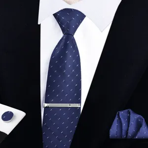 Mens business blue tie set with tie clip pocket square and cufflinks for formal wear wedding.