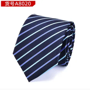 Detailed view of men's formal striped tie in dark blue with light blue and purple diagonal stripes.