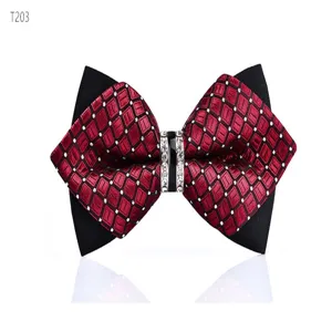 Men's red black plaid bowtie with crystal center ring elegant groom wedding formal wear tie