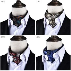 Men's retro printed cravat ascot tie set, vintage silk-feel suit neck scarf for formal wear.
