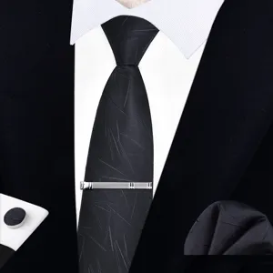 Men's business black zipper tie set with clip cufflink pocket square for wedding formal wear