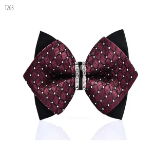 Detailed close-up view of wine red black bow tie featuring sparkling rhinestone buckle.