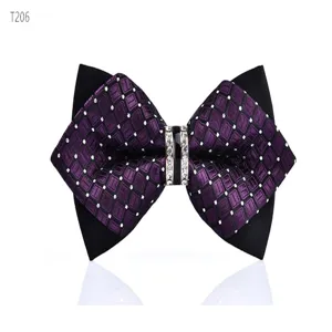 Purple checkered crystal bow tie detail close up shot showing fabric texture and rhinestone ring.