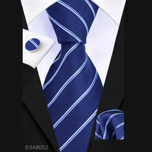 Men's business blue striped tie set including 8cm tie, pocket square, and matching cufflinks.