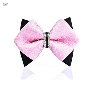Mens pink plaid crystal rhinestone bow tie detail, elegant groom wedding bowtie.