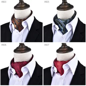 Detail view of men vintage paisley ascot tie, elegant neck scarf with fine warp fabric.