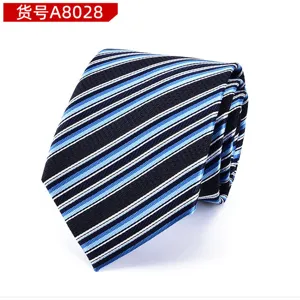 Close-up detail of the classic men's blue and black striped twill tie craftsmanship.