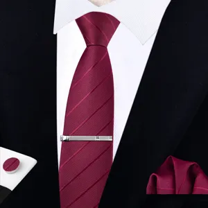 Men formal business suit tie set with burgundy striped tie silver tie clip pocket square