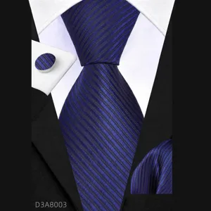 Men's business blue striped tie set with 8cm necktie, pocket square and matching cufflinks.