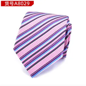 Detailed view of the men's striped tie, showing the delicate fine fabric texture.
