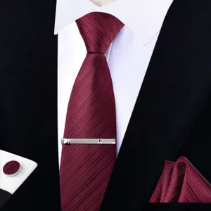 Burgundy silk-like textured men necktie set with tie clip cufflinks and pocket square detail