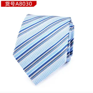 Detailed view of the blue and white striped men's necktie, elegant fabric texture design.