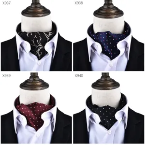 Detailed view of men vintage silk ascot cravat with elegant polka dot and floral patterns.