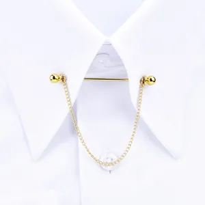 Men gold tone metal shirt collar pin bar with hanging chain fashion accessory main view