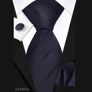 Mens business tie set featuring an 8cm necktie, pocket square, and matching cufflinks.