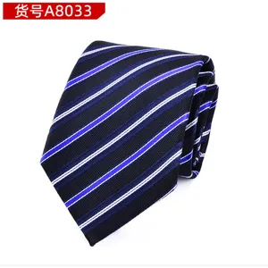 Classic men's black necktie featuring elegant blue and white diagonal stripes for business.