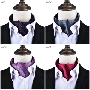 Men classic polyester ascot tie set, vintage paisley and dot neck scarf for formal suits.