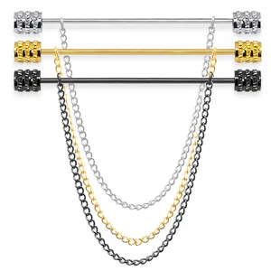 Men's metal shirt collar pin with chain tassel, stylish business tie bar accessory.